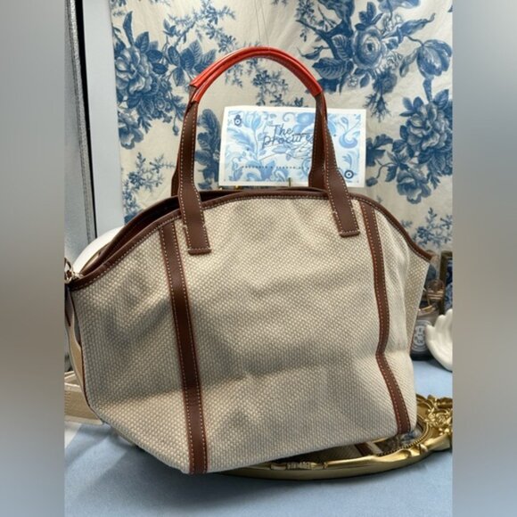 🆕 GANNI 🧿 NWT Small Banner Tote, Egret Cream Canvas & Tan Leather - Picture 7 of 14